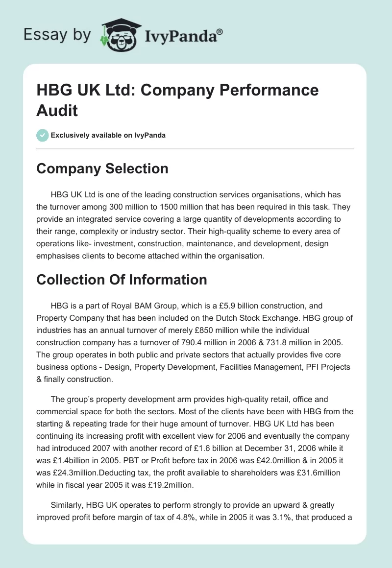HBG UK Ltd: Company Performance Audit. Page 1