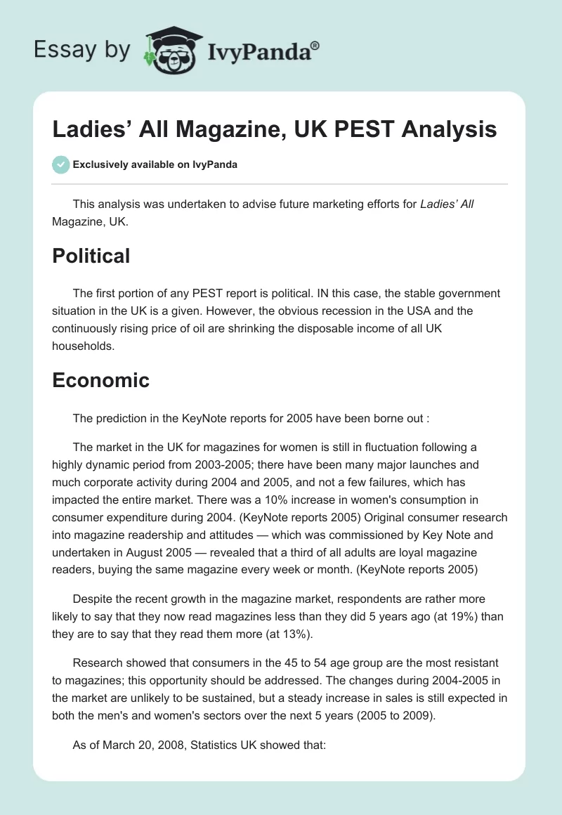 Ladies’ All Magazine, UK PEST Analysis. Page 1