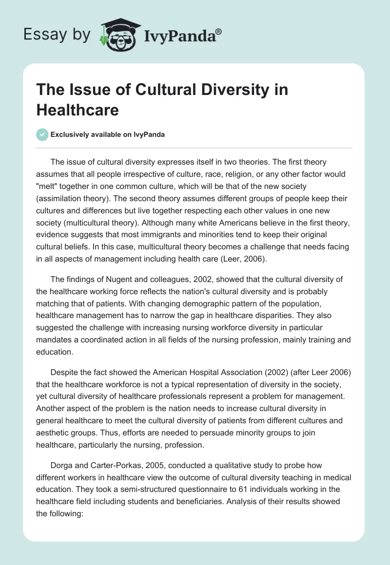 The Issue of Cultural Diversity in Healthcare. Page 1