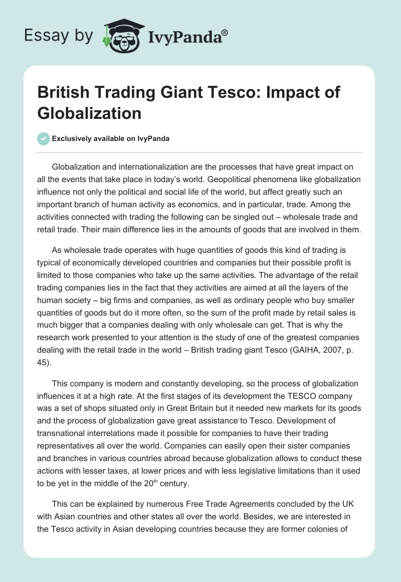 British Trading Giant Tesco: Impact of Globalization. Page 1