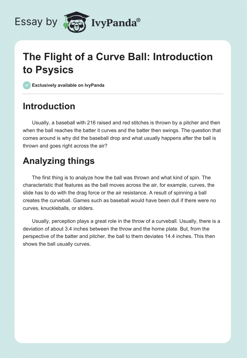 The Flight of a Curve Ball: Introduction to Psysics. Page 1