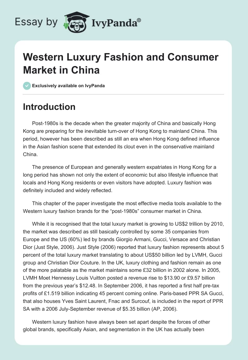 Western Luxury Fashion and Consumer Market in China - 3158 Words ...