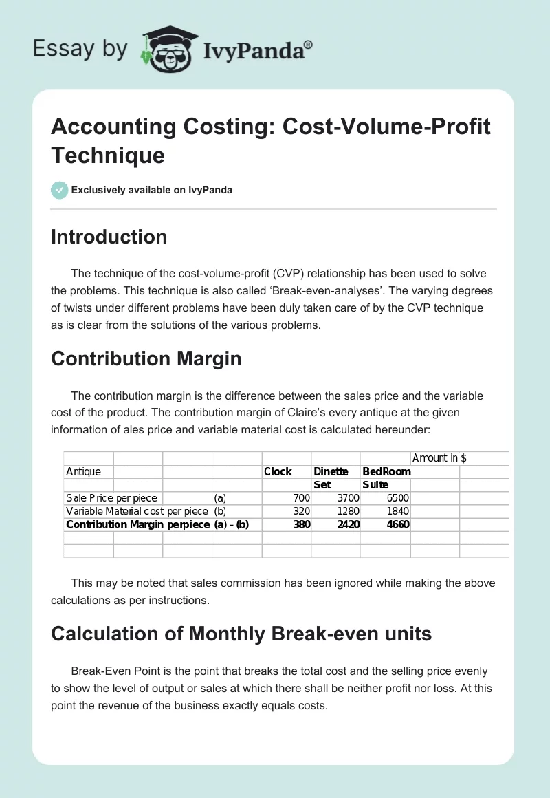 Accounting Costing: Cost-Volume-Profit Technique. Page 1