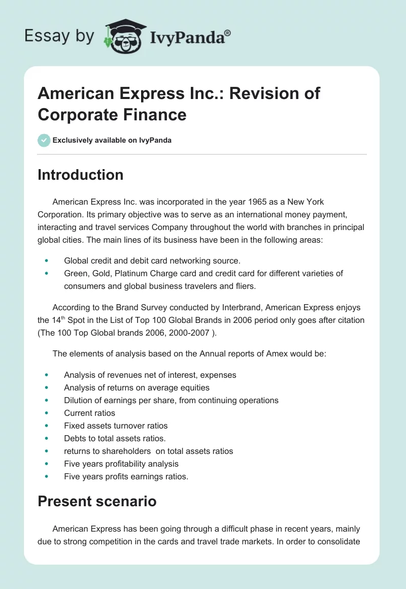 American Express Inc.: Revision of Corporate Finance. Page 1