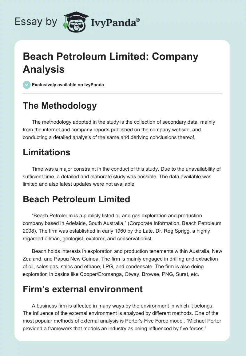 Beach Petroleum Limited: Company Analysis. Page 1