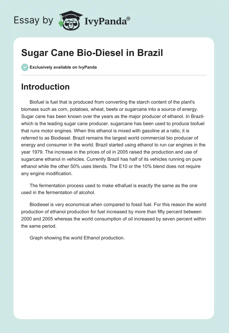 Sugar Cane Bio-Diesel in Brazil. Page 1