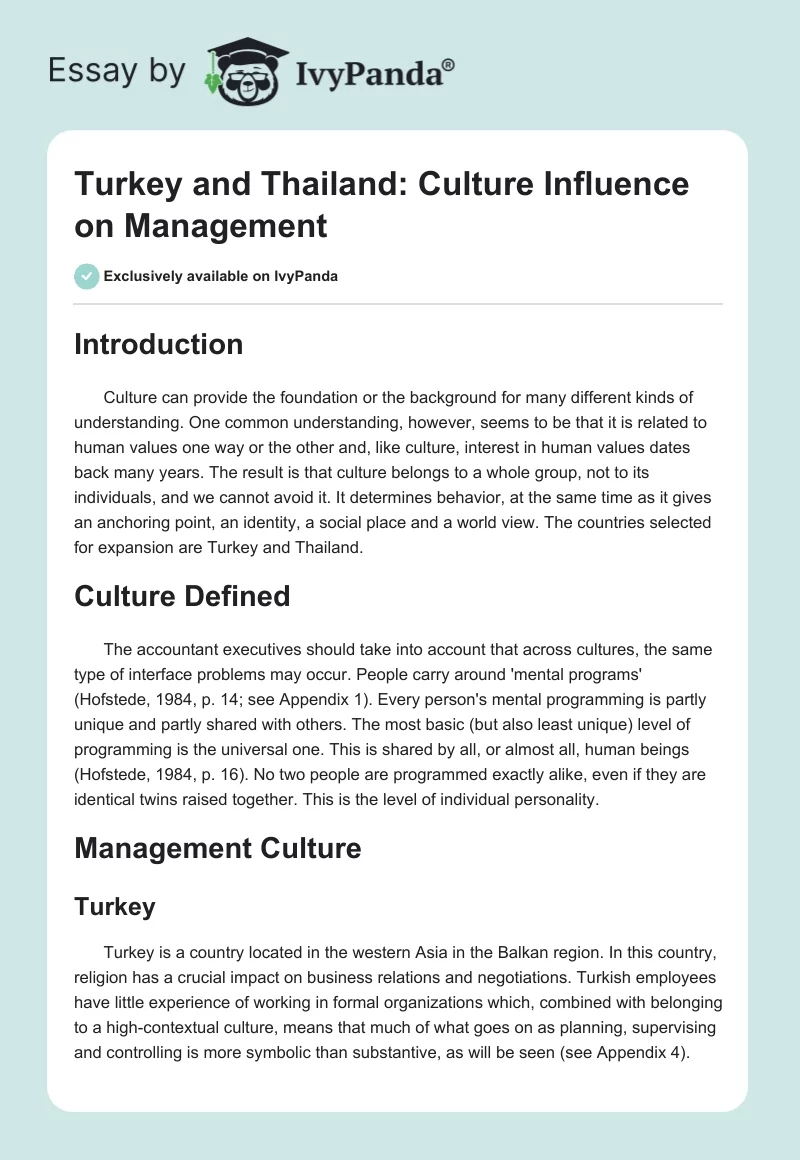Turkey and Thailand: Culture Influence on Management. Page 1