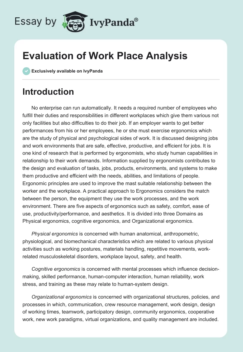 Evaluation of Work Place Analysis. Page 1