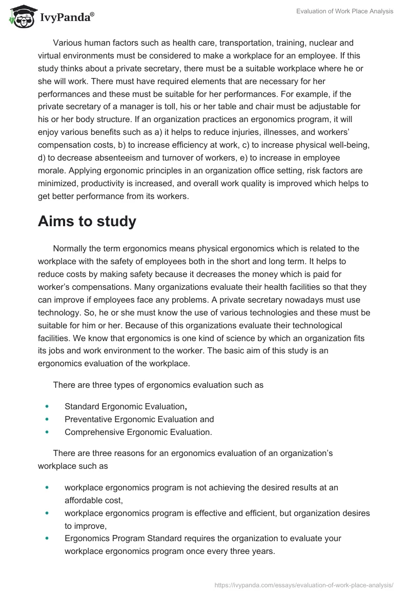 Evaluation of Work Place Analysis. Page 2