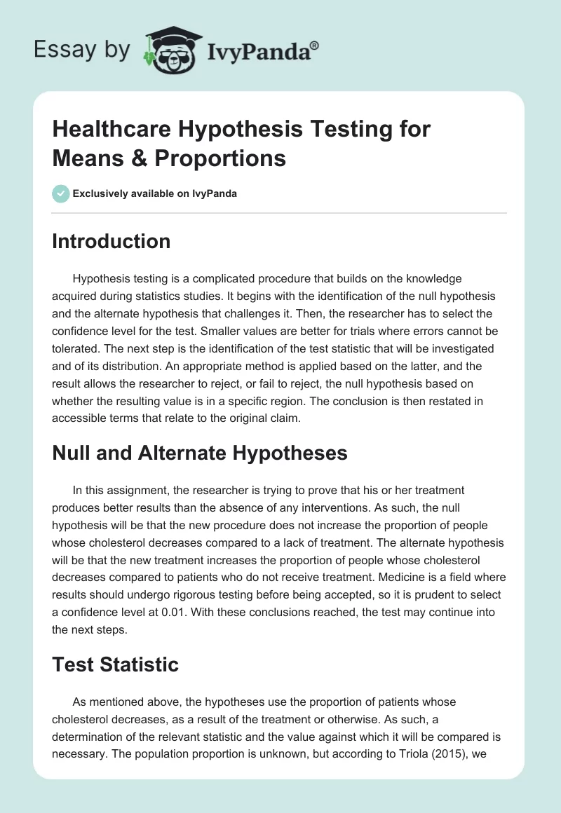 Healthcare Hypothesis Testing for Means & Proportions. Page 1