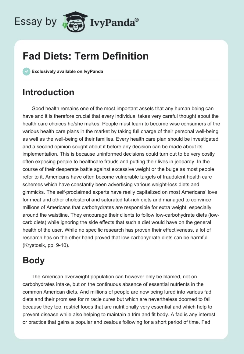 Fad Diets: Term Definition. Page 1