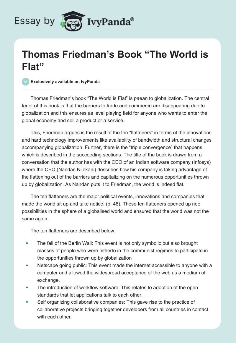 Thomas Friedman’s Book “The World is Flat”. Page 1