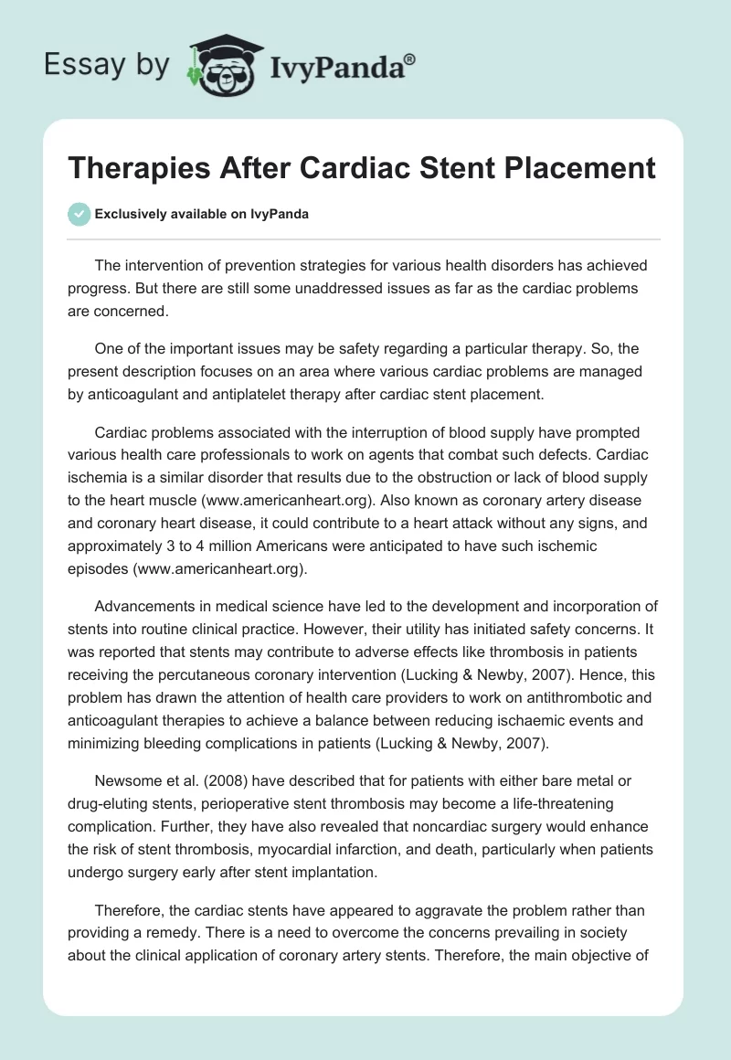 Therapies After Cardiac Stent Placement. Page 1