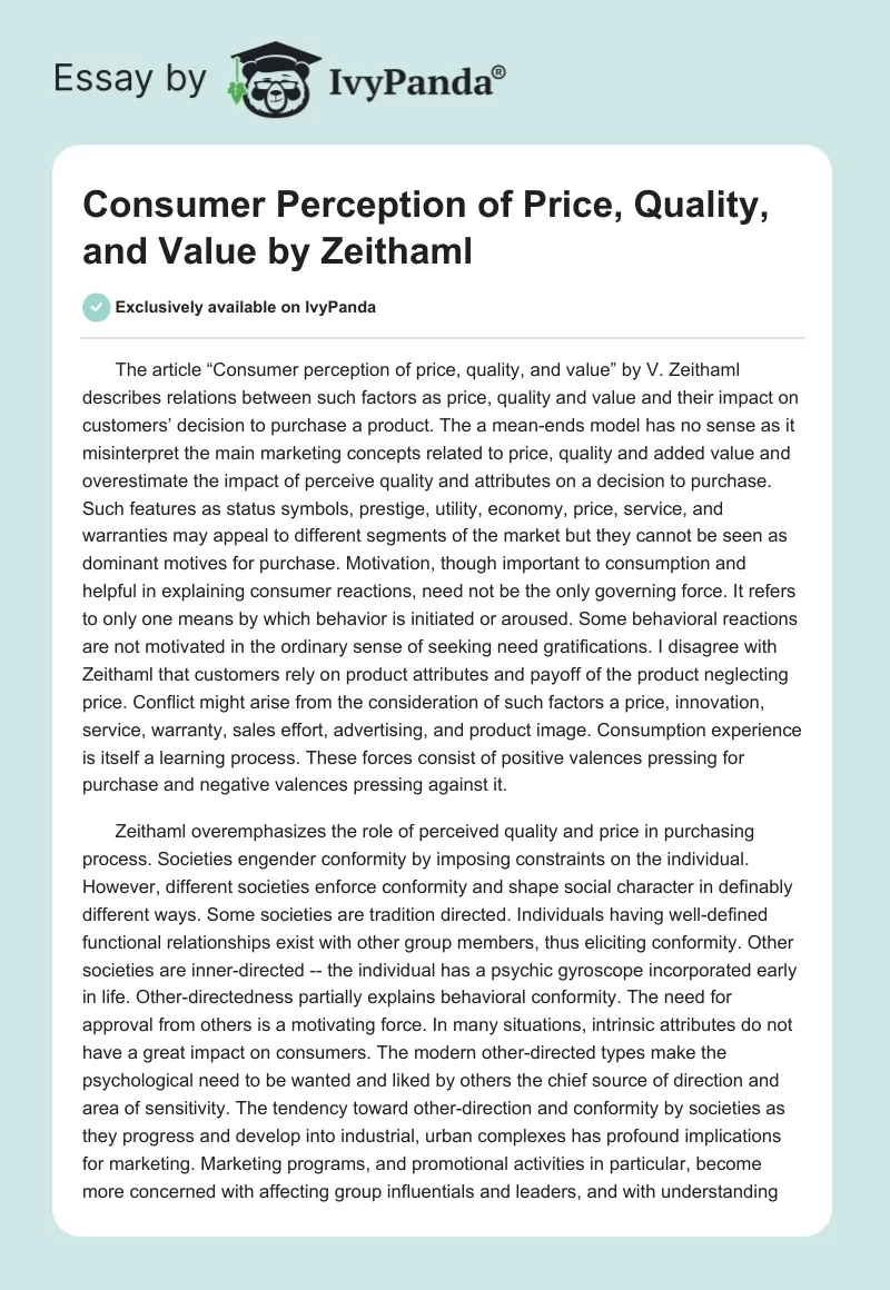 Consumer Perception of Price, Quality, and Value by Zeithaml. Page 1