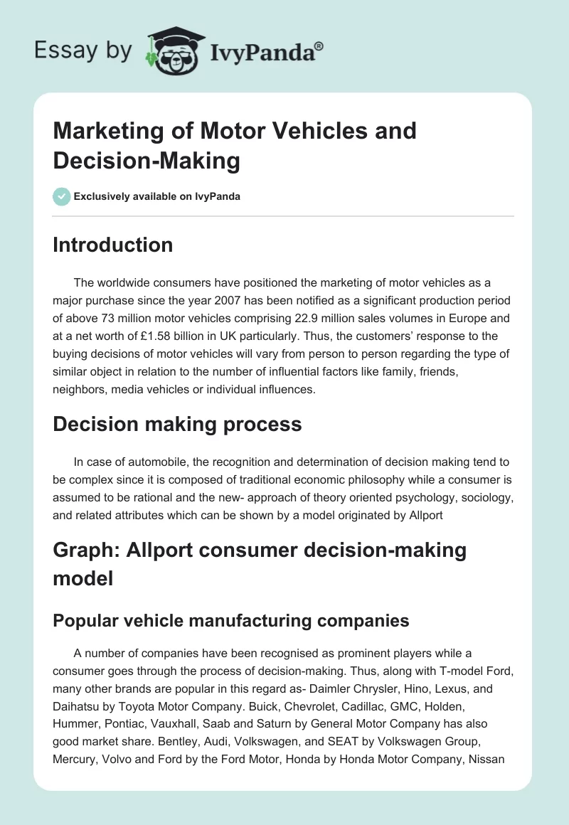 Marketing of Motor Vehicles and Decision-Making. Page 1