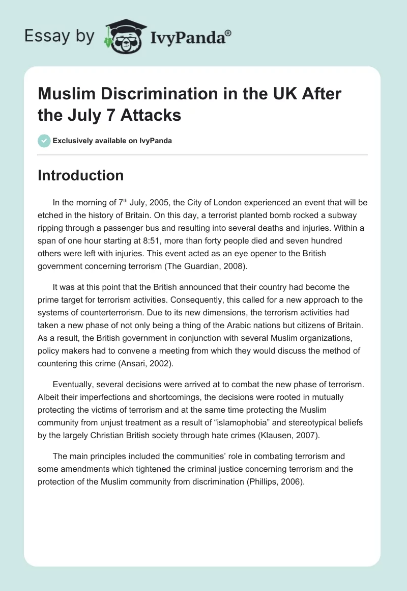 Muslim Discrimination in the UK After the July 7 Attacks. Page 1