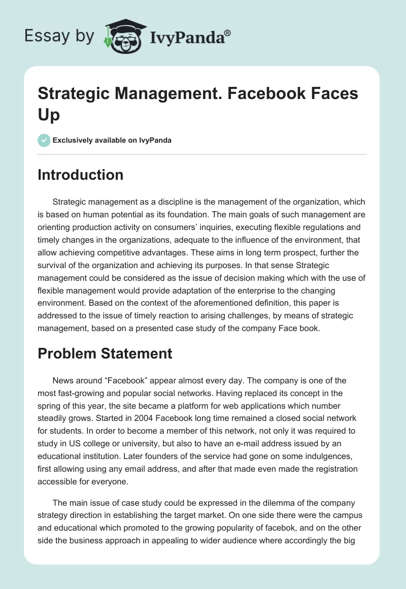 Strategic Management. Facebook Faces Up. Page 1