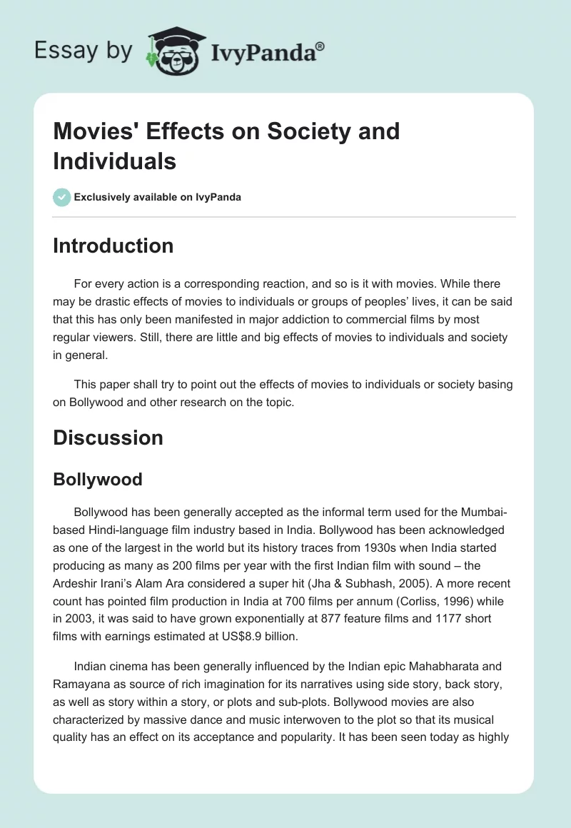 Movies' Effects on Society and Individuals. Page 1
