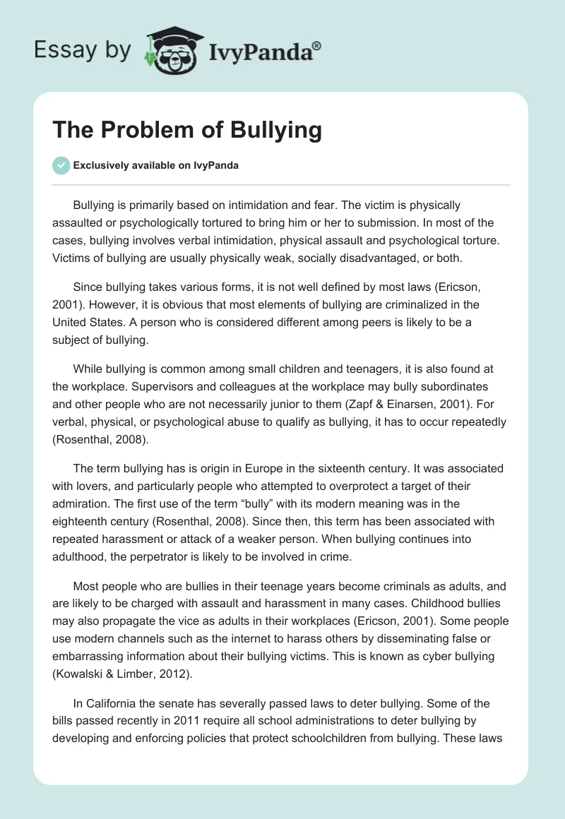 The Problem of Bullying. Page 1