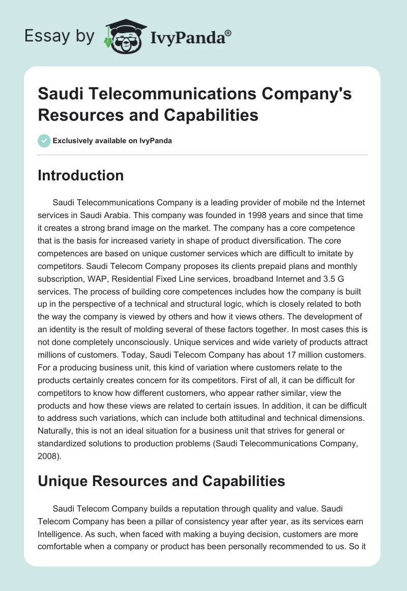Saudi Telecommunications Company's Resources and Capabilities. Page 1