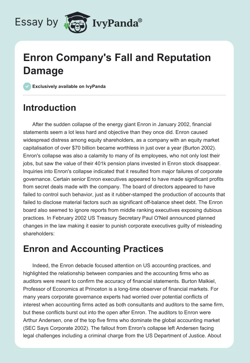 Enron Company's Fall and Reputation Damage. Page 1