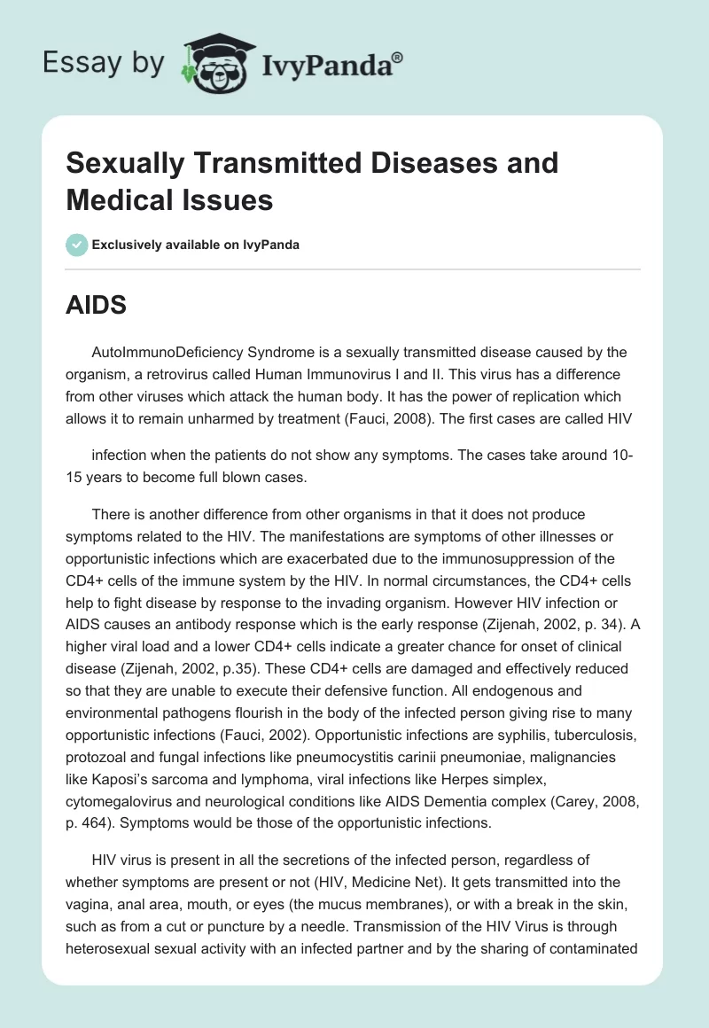 Sexually Transmitted Diseases and Medical Issues. Page 1