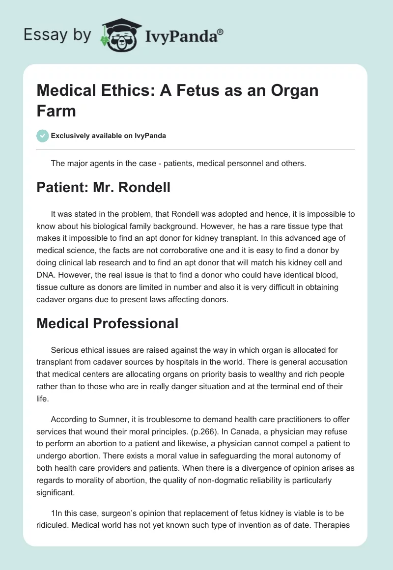 Medical Ethics: A Fetus as an Organ Farm. Page 1