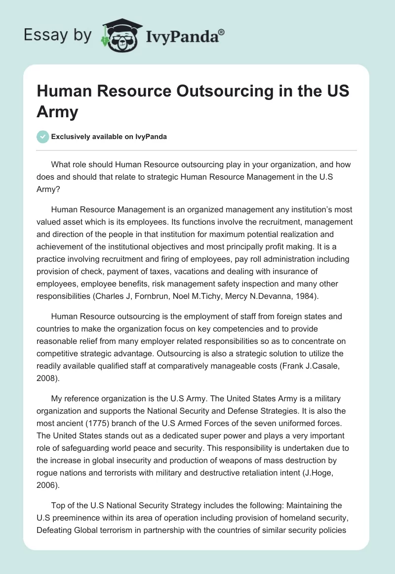 Human Resource Outsourcing in the US Army. Page 1