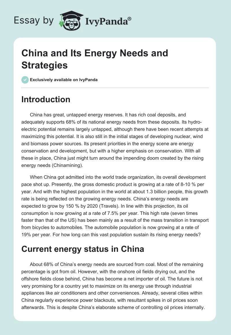 China and Its Energy Needs and Strategies. Page 1