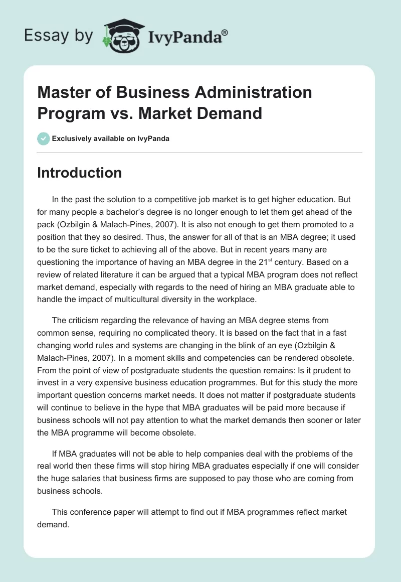 Master of Business Administration Program vs. Market Demand. Page 1