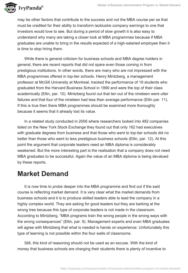 Master of Business Administration Program vs. Market Demand. Page 3