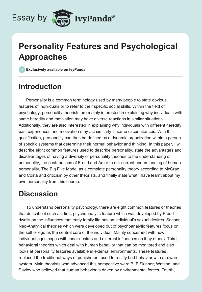 Personality Features and Psychological Approaches. Page 1