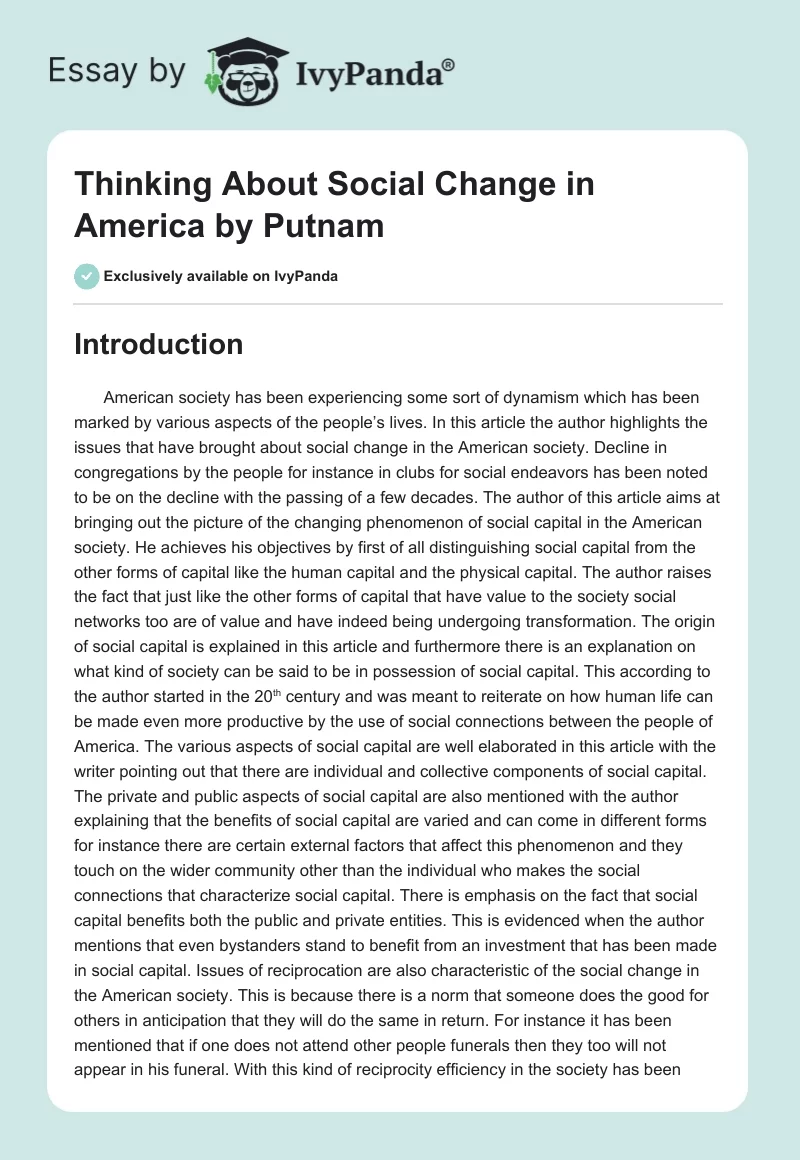 Thinking About Social Change in America by Putnam. Page 1