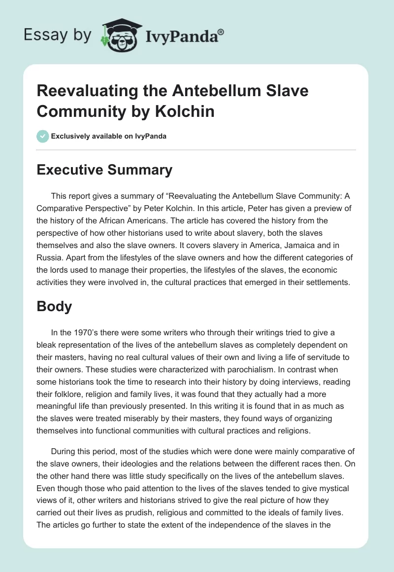 Reevaluating the Antebellum Slave Community by Kolchin. Page 1