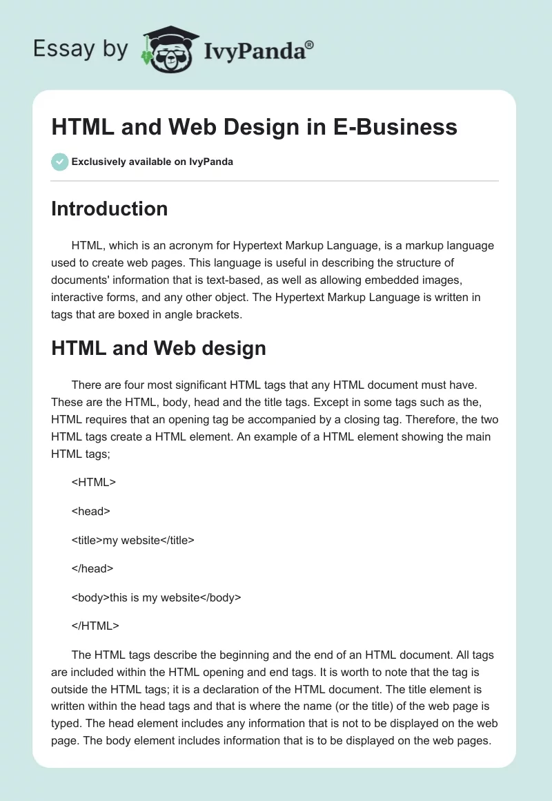 HTML and Web Design in E-Business. Page 1