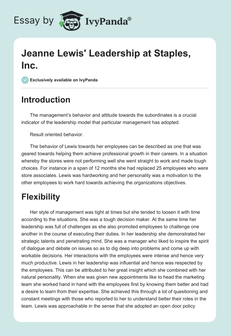 Jeanne Lewis' Leadership at Staples, Inc. - 1438 Words | Essay Example