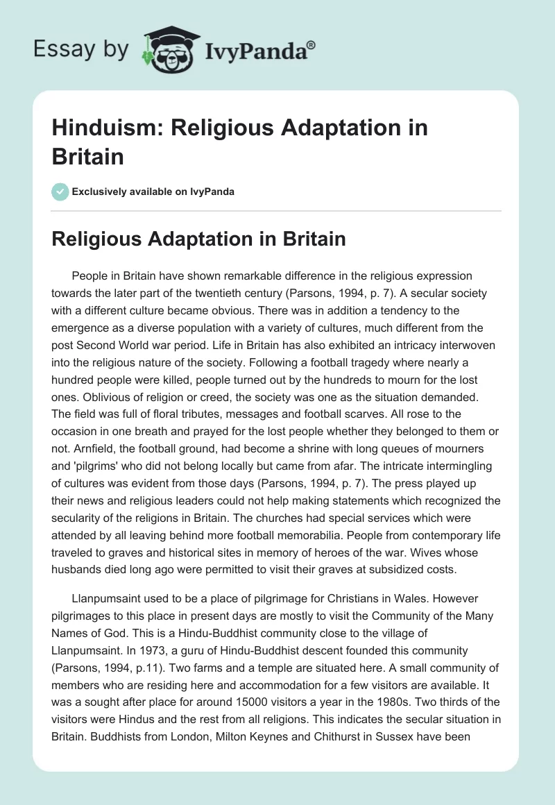 Hinduism: Religious Adaptation in Britain. Page 1