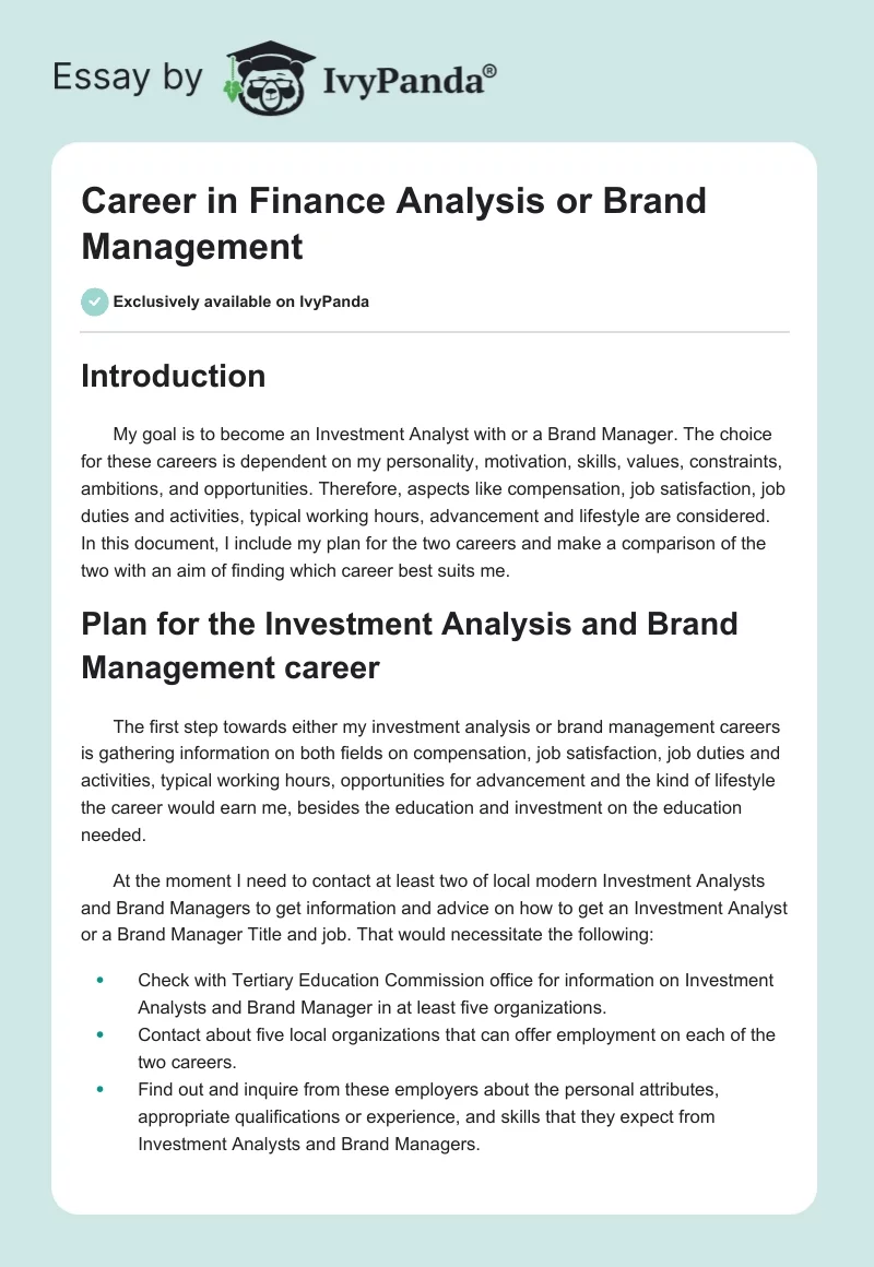 Career in Finance Analysis or Brand Management. Page 1