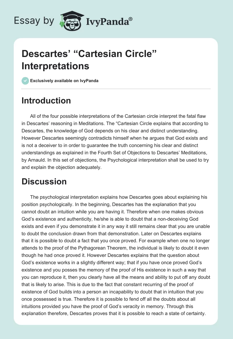 Descartes’ “Cartesian Circle” Interpretations. Page 1