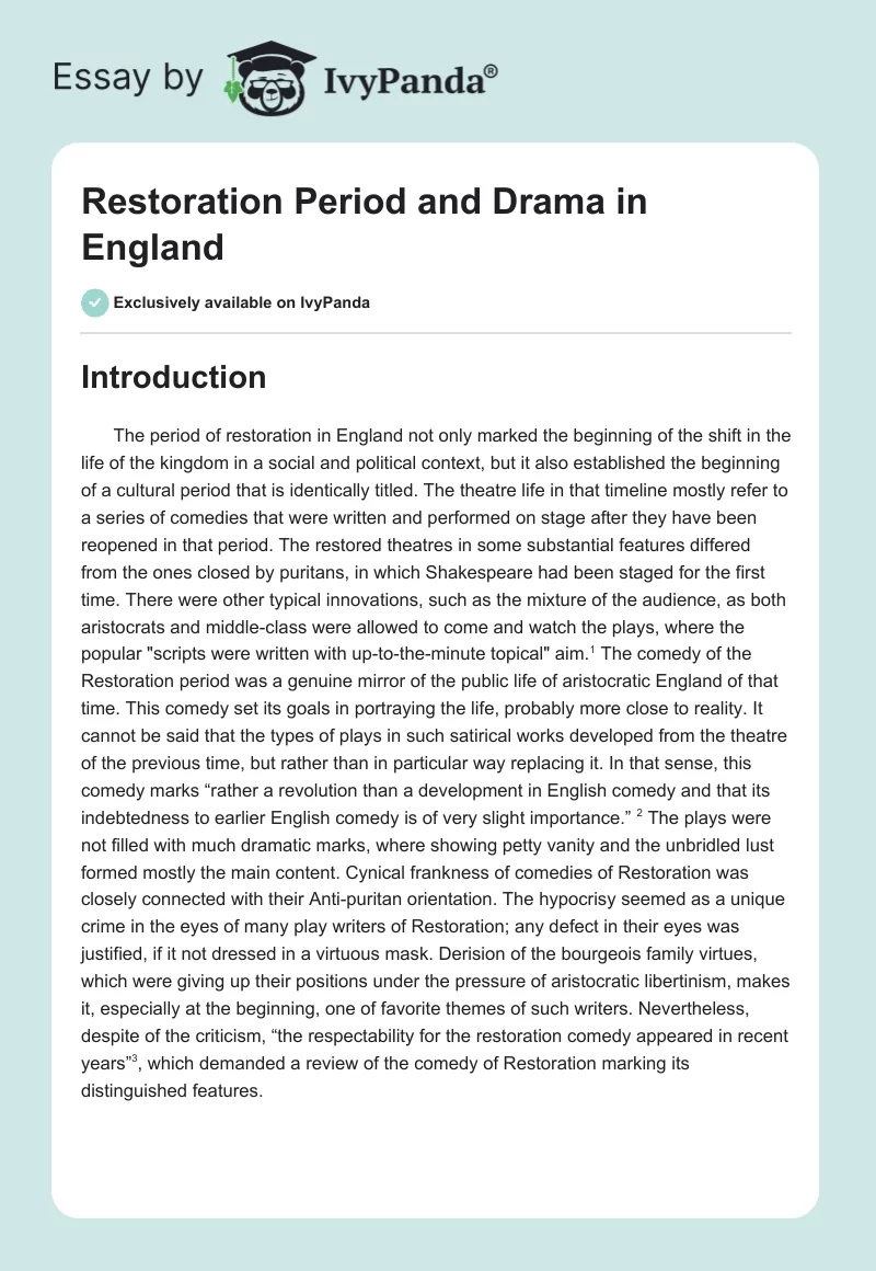 Restoration Period and Drama in England. Page 1