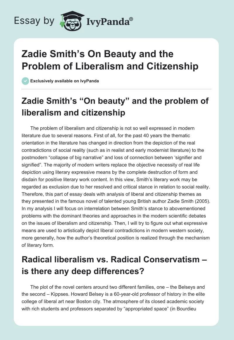 Zadie Smith’s "On Beauty" and the Problem of Liberalism and Citizenship. Page 1