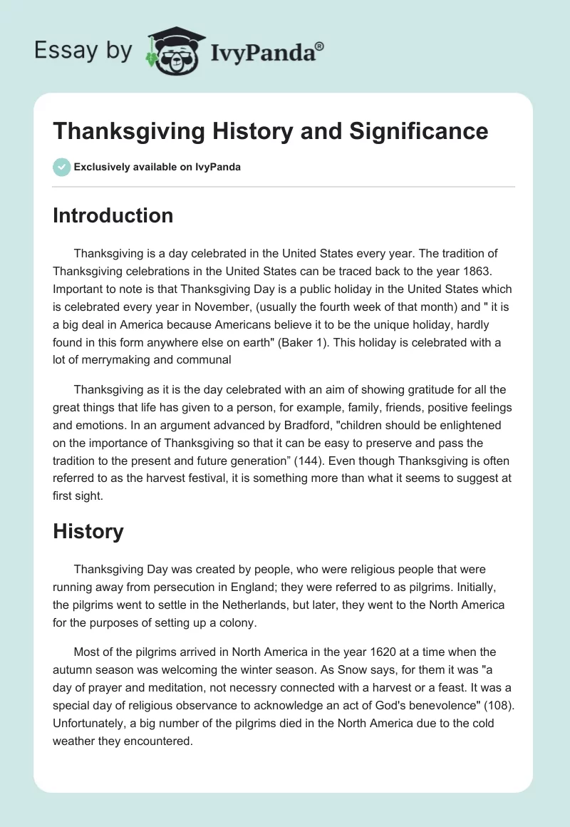 Thanksgiving History and Significance. Page 1