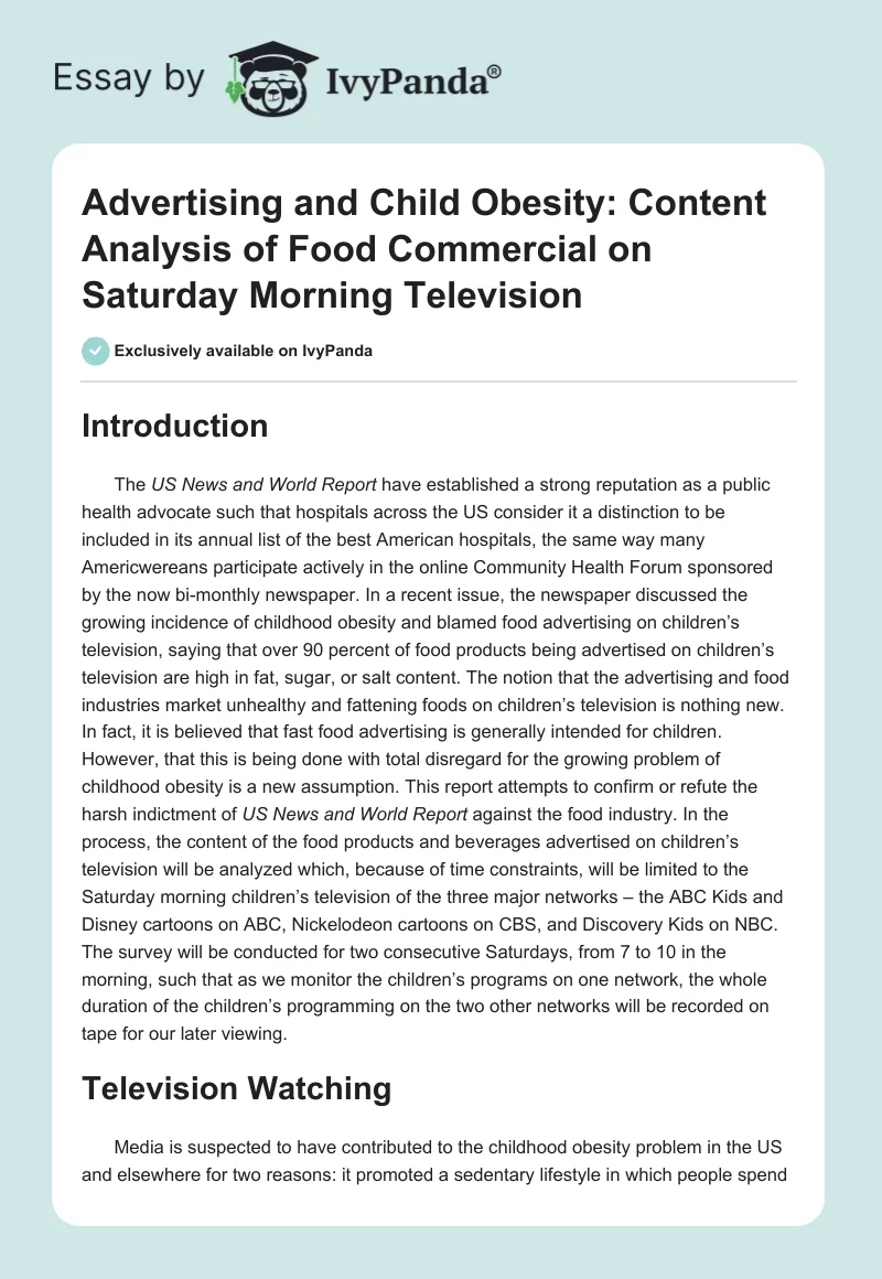 Advertising and Child Obesity: Content Analysis of Food Commercial on Saturday Morning Television. Page 1