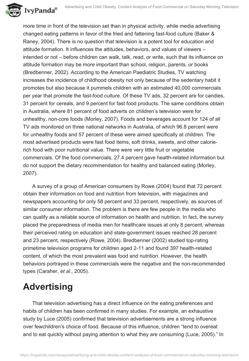 Advertising and Child Obesity: Content Analysis of Food Commercial on Saturday Morning Television. Page 2
