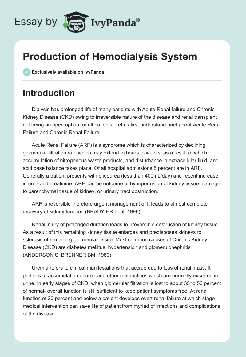 Production of Hemodialysis System. Page 1