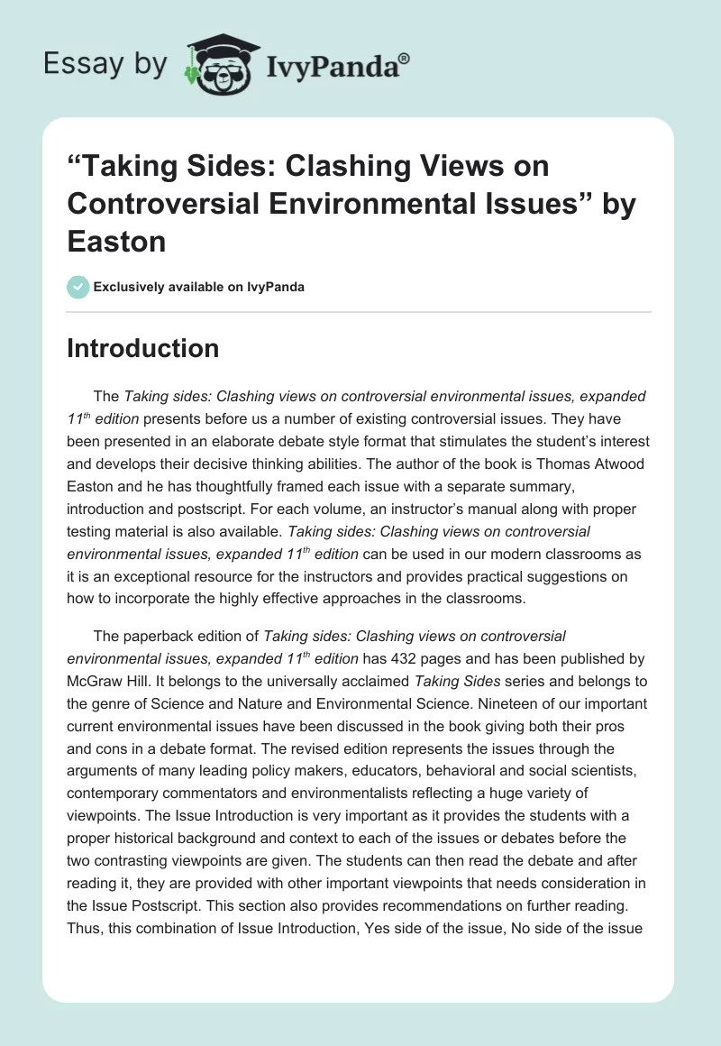 “Taking Sides: Clashing Views on Controversial Environmental Issues” by Easton. Page 1