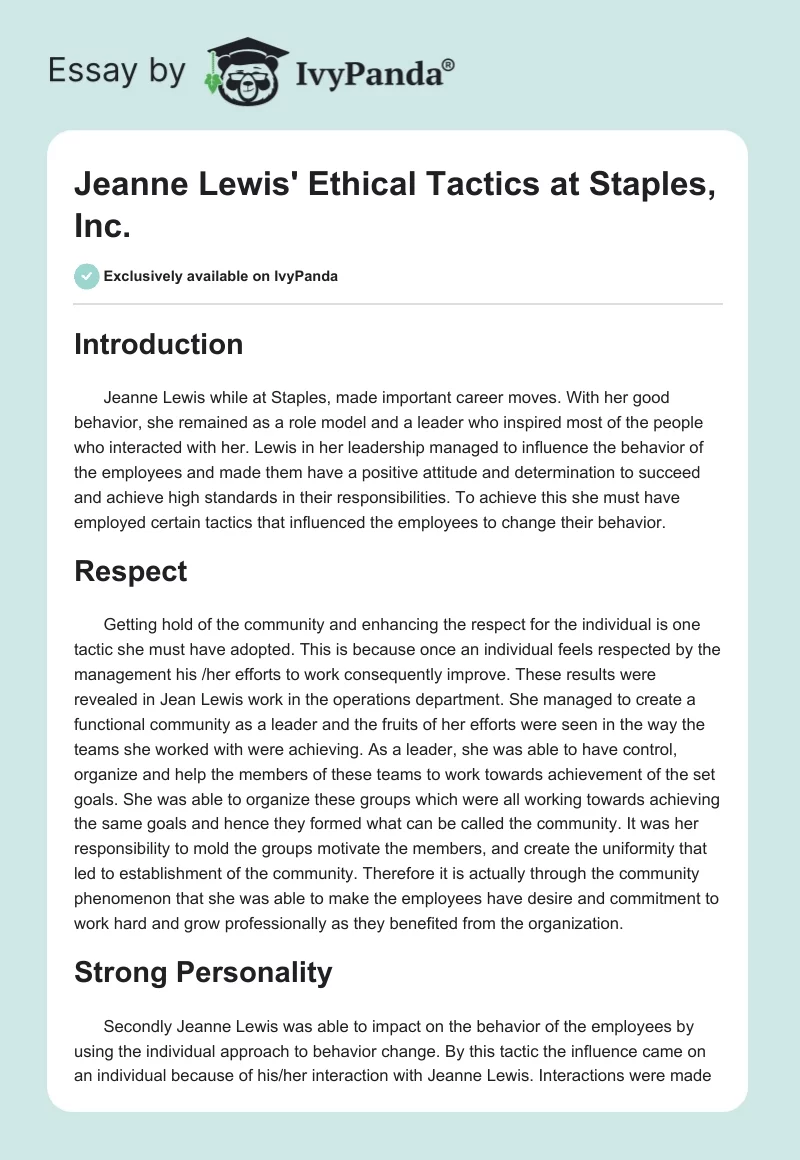 Jeanne Lewis' Ethical Tactics at Staples, Inc.. Page 1
