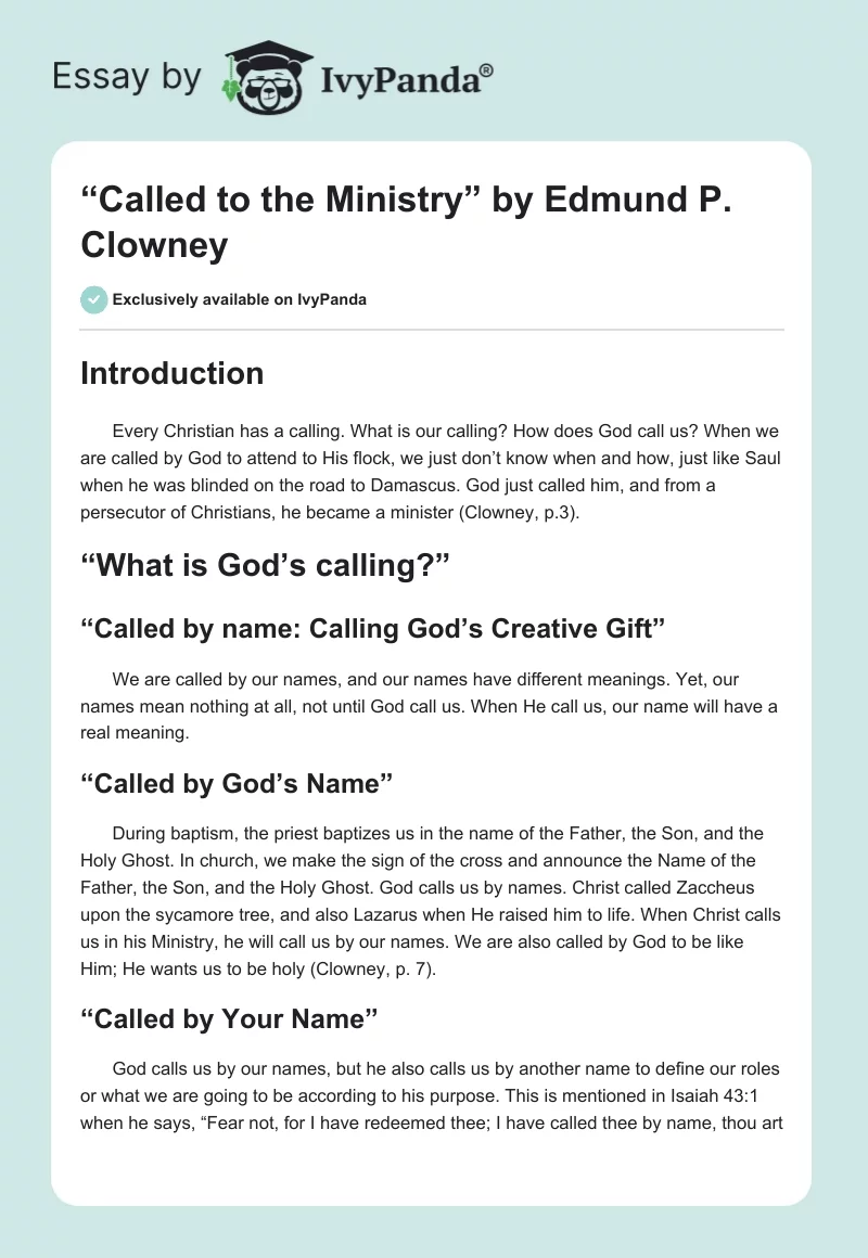 “Called to the Ministry” by Edmund P. Clowney. Page 1