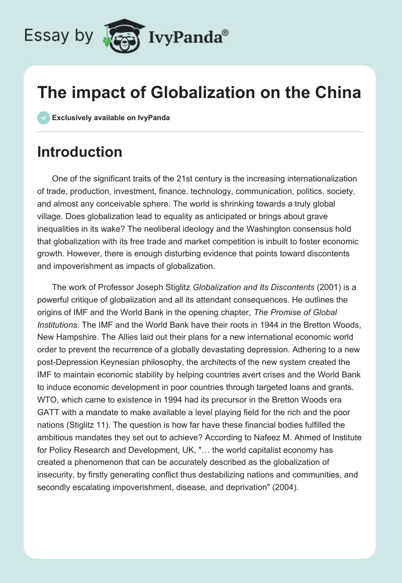 The impact of Globalization on the China. Page 1