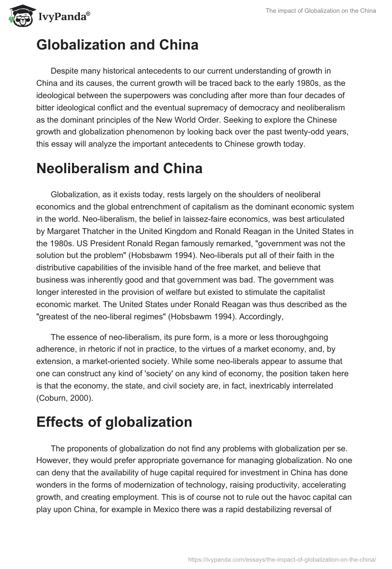 The impact of Globalization on the China. Page 2
